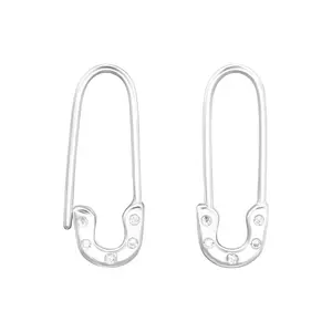 CZ Crystal Safety Pin Earrings - Pair - 925 Sterling Silver