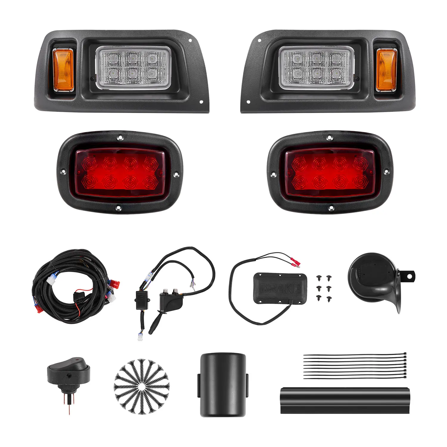 VEVOR 12V Voltage Street Legal LED Golf Cart Light Kit for Club Car DS 1993-Up, LED Headlamps Bulbs, Wiring Harness, Turn Signals, Hazard Light, Multi-Switch, Horn, Brake Pad, Zip Ties, ABS Housing, Plug-and-Play