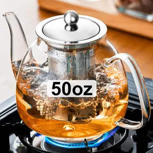 Glass Teapot Stovetop 50 OZ/1500ml,  pot with Removable 18/8 Stainless Steel Infuser, Borosilicate Clear  Kettle, Teapot Blooming and Loose Leaf  Maker  Brewer for Camping, TravelEverlanelnspired17AAGlowHub30