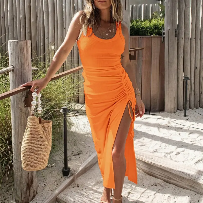 CHICME Women's Summer Dresses Ribbed Ruched Drawstring Vacation Going Out Dress for Beach, Party & Casual Wear