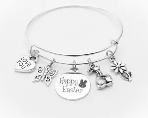 Happy Easter Expandable Charm Bracelet - Silver Plated Adjustable Bangle with Bunny, Butterfly & Daisy Charms