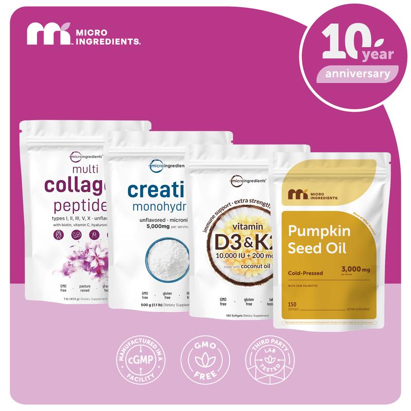 Hair & Muscle Nourish GLP Bundle 2: Multi Collagen Peptides Powder 1LB, Creatine Powder 1.1LB, Vitamin D3K2 10,000IU 180 Softgels & Pumpkin Seed Oil 150 Softgels