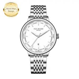 Paul Huafei Premium Men's World Map Watch Minimalist Silver Stainless Steel Timepiece Luminous Global Dial with Date
