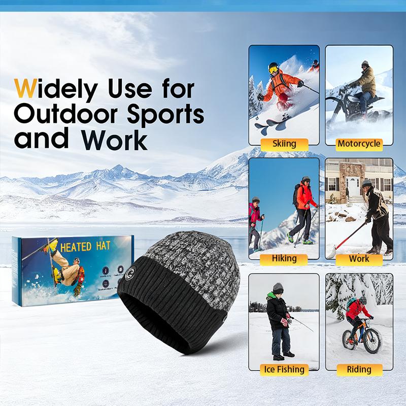 Winter outdoor heated hat with 3 temperature settings, quick heating, suitable for outdoor hiking, skiing, dog walking, commuting, and outdoor work in cold weather. Portable knitted hat, unisex, suitable for all head sizes.
