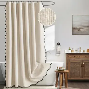 Beige Scalloped Shower Curtain Linen Textured with 12 Metal Hooks Cute Heavy Duty Washable Waterproof Neutral Thick Cloth Shower Curtains with Black Border for Bathroom Hotel Bathtub,W72*L72