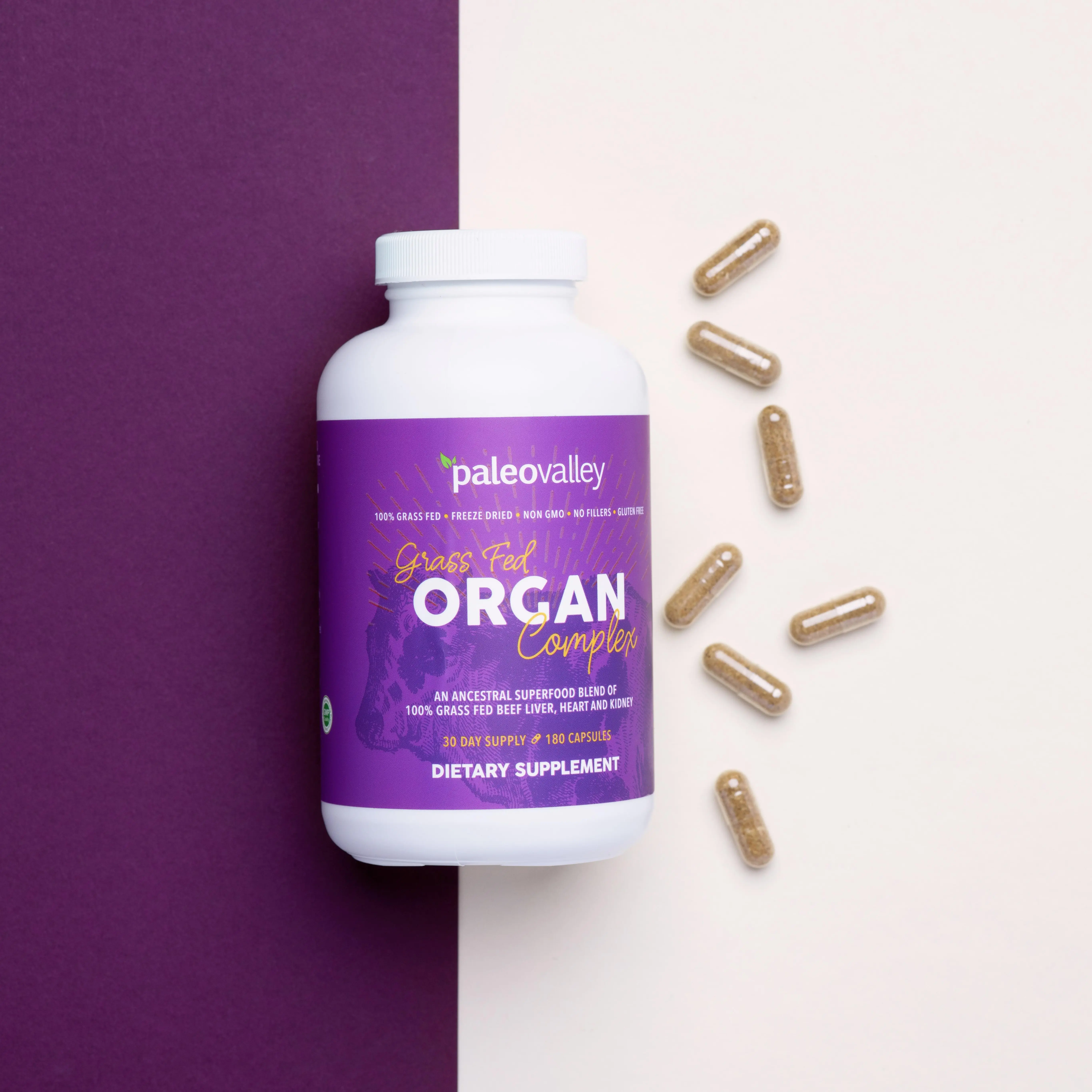 Paleovalley Grass Fed Organ Complex - 100% Grass Fed Pasture-Raised Cattle - All Natural Source of Vitamin B12 - Superfood Blend of Liver, Heart, and Kidney for Optimal Health - 180 Capsules