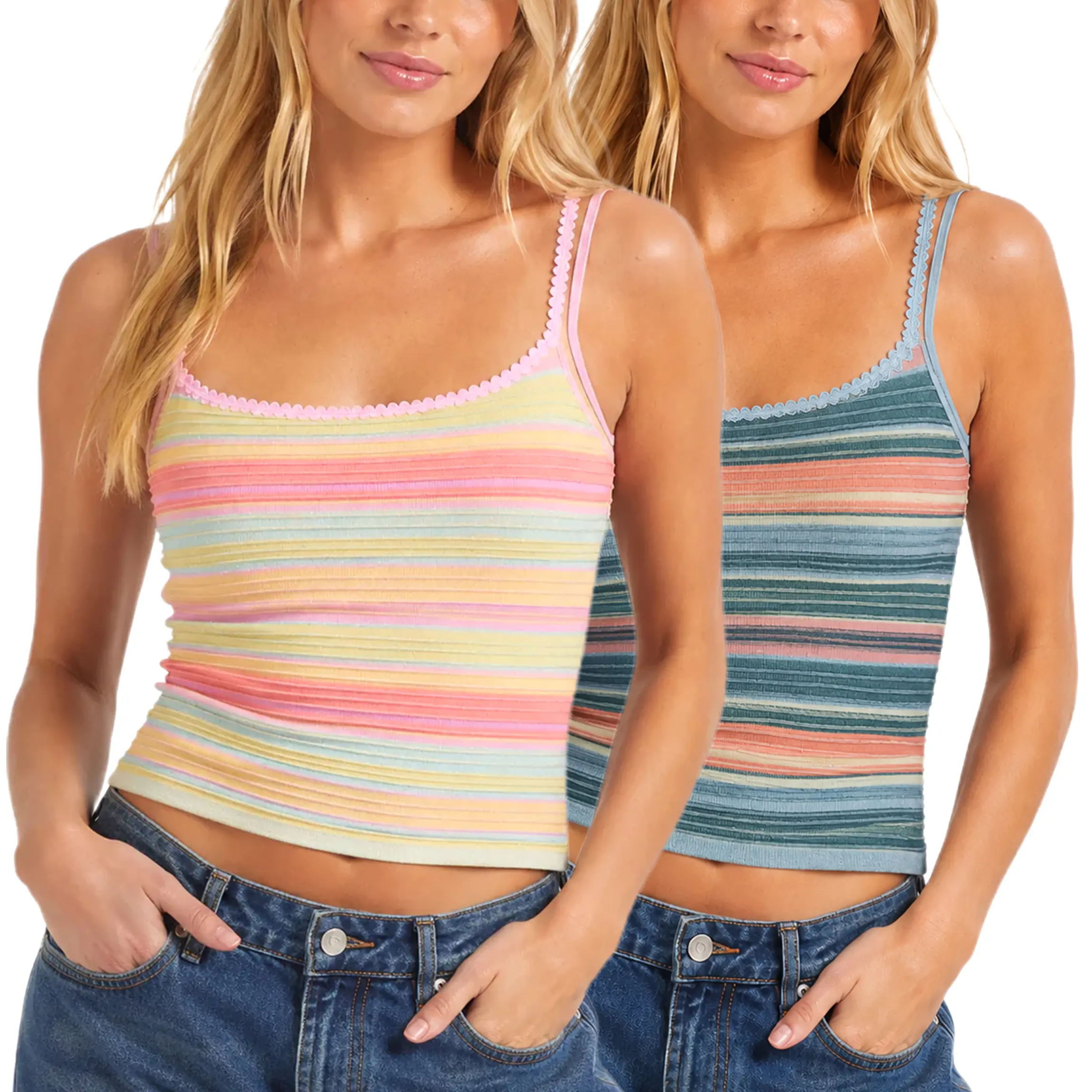 Buenoble Women’s Sparkle Tank Top, Striped Lace Trim Ribbed Cami, Adjustable Spaghetti Strap Slim Fit Crop Top, Y2K Summer Going Out Top