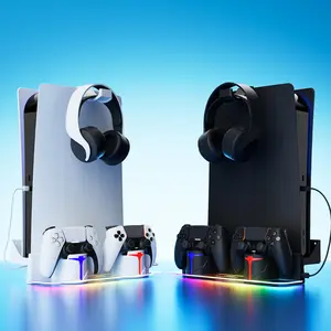 PS5 Wall Mount with Dual Controller Charging Station, RGB Light Dock Stand Compatible with PlayStation 5 / PS5 Slim / PS5 Pro Disc & Digital, Space-Saving Vertical Wall Mount Kit，ps5 cooling stand,dualsense edge ps5