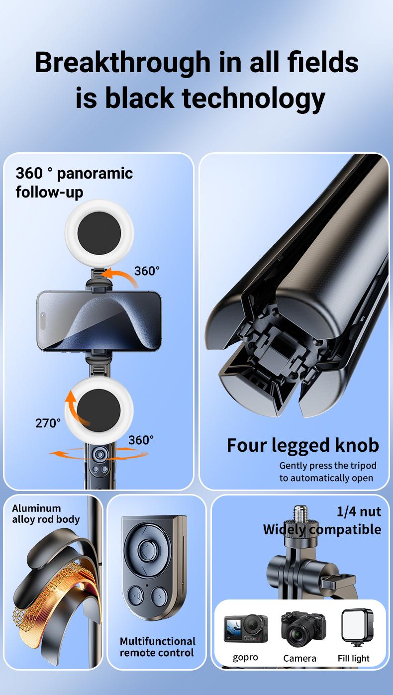 NEW 360-Rotatable Selfie Stick Tripod,Rechargeable Smart Face Tracking Tripod With 2 Fill Light, Auto Face Tracking Phone Holder for Vlog, Live Streaming,Smartphone Camera Accessories New Selfie Stick  face tracking  tripod