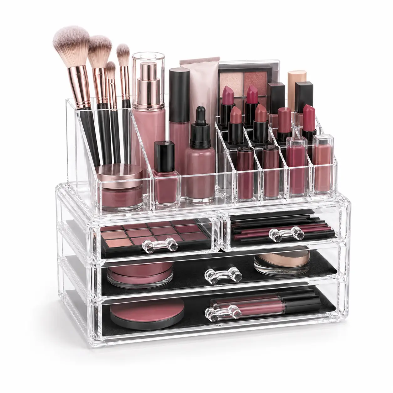 Clear Acrylic Makeup Organizer with 4 Drawers & 16 Top Slots, Stackable Vanity Storage for Makeup, Skincare & Jewelry