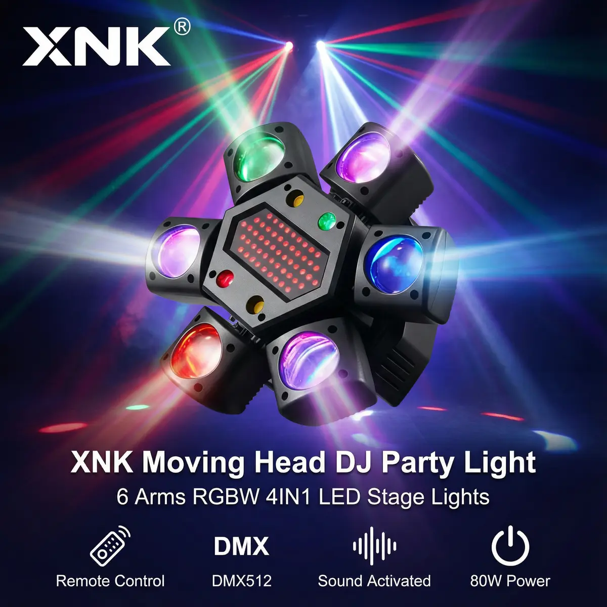 XNK 6-Arm Bee-Eye Aluminum Body Moving Head DJ Light - RGB LEDs, RGBW Source, Red & Green Laser, DMX-512, Sound Activated, Color Changing Party LED Lights for Weddings, Clubs