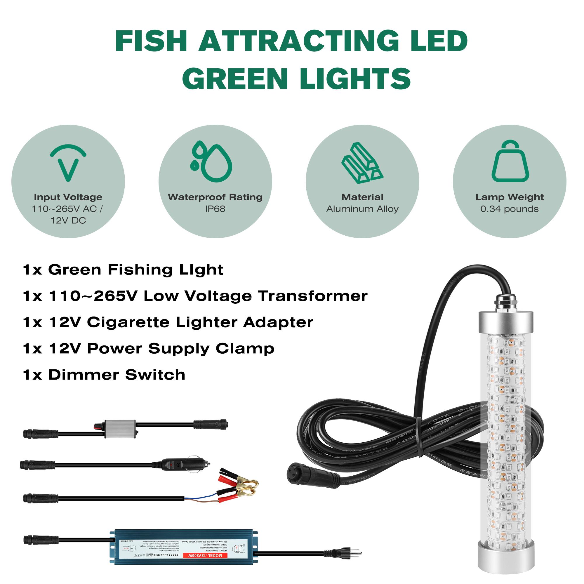 Green Underwater Fishing Light 12V / 110V-265V, 100W / 200W Fish Attracting Light for Boat Docks Kayaks at Night, Submersible Green Light for Crappie Snook Squid Bait Catfish (16ft / 32ft Cord)