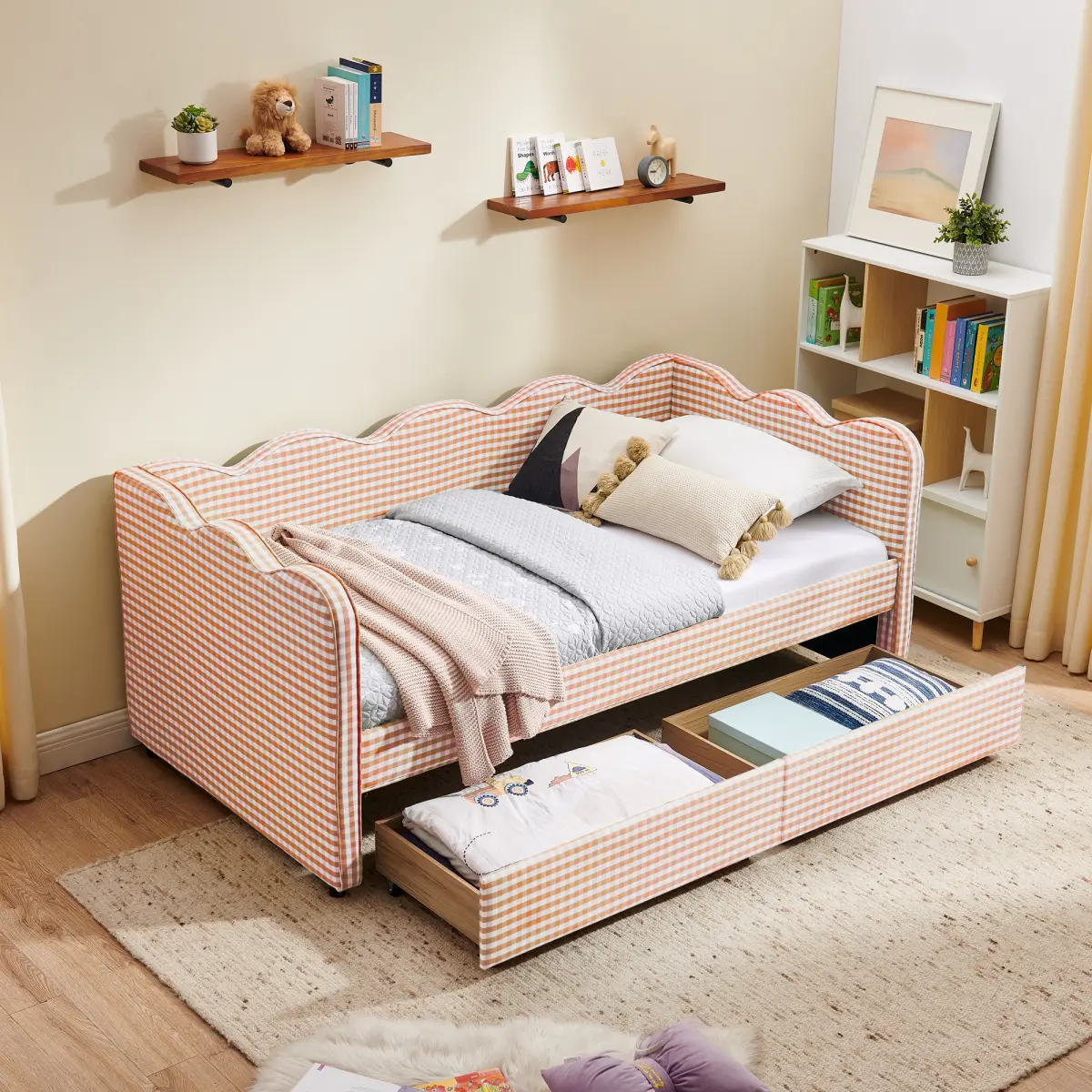 Aobtkel Twin Size Gingham Wave Linen Foam Upholstered Daybed - 2 Storage Drawers, USB Port, No Box Spring Needed, Space-Saving Sofa Bed for Bedroom, Living Room