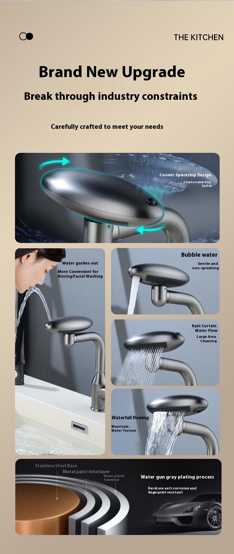 Spaceship Faucet 360° Rotating Bathroom Sink Faucet with 4 Spray Modes Modern Kitchen Vanity Lavatory Tap for Unique Home Decor & TikTok Viral Gift Multi-functional Swivel Basin Faucet