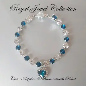Pet Collar Custom Sapphire Blue & Diamond Crystal Heart Necklace Magnetic Breakaway Safe for Dogs & Cats