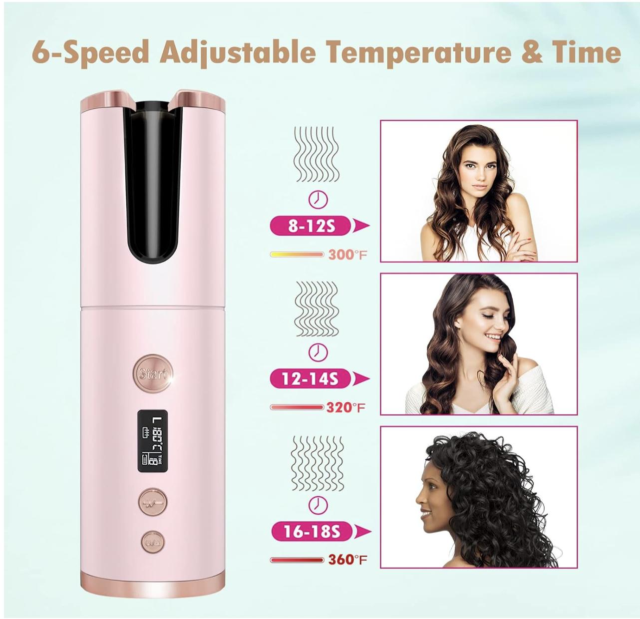 Cordless Automatic Hair Curler, Auto Curling Iron with LCD Display Adjustable Temperature & Timer, Ceramic Hair Curler USB Charging and Rechargeable, Portable Hair Styler for Travel (Pink)