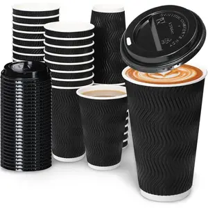 2026 Daily life 16oz Coffee Cups with Lids, 100 Pack Insulated Ripple Paper Cups, Disposable Coffee Cups for Water, Juice, Coffee Home Black,FathersDayGift
