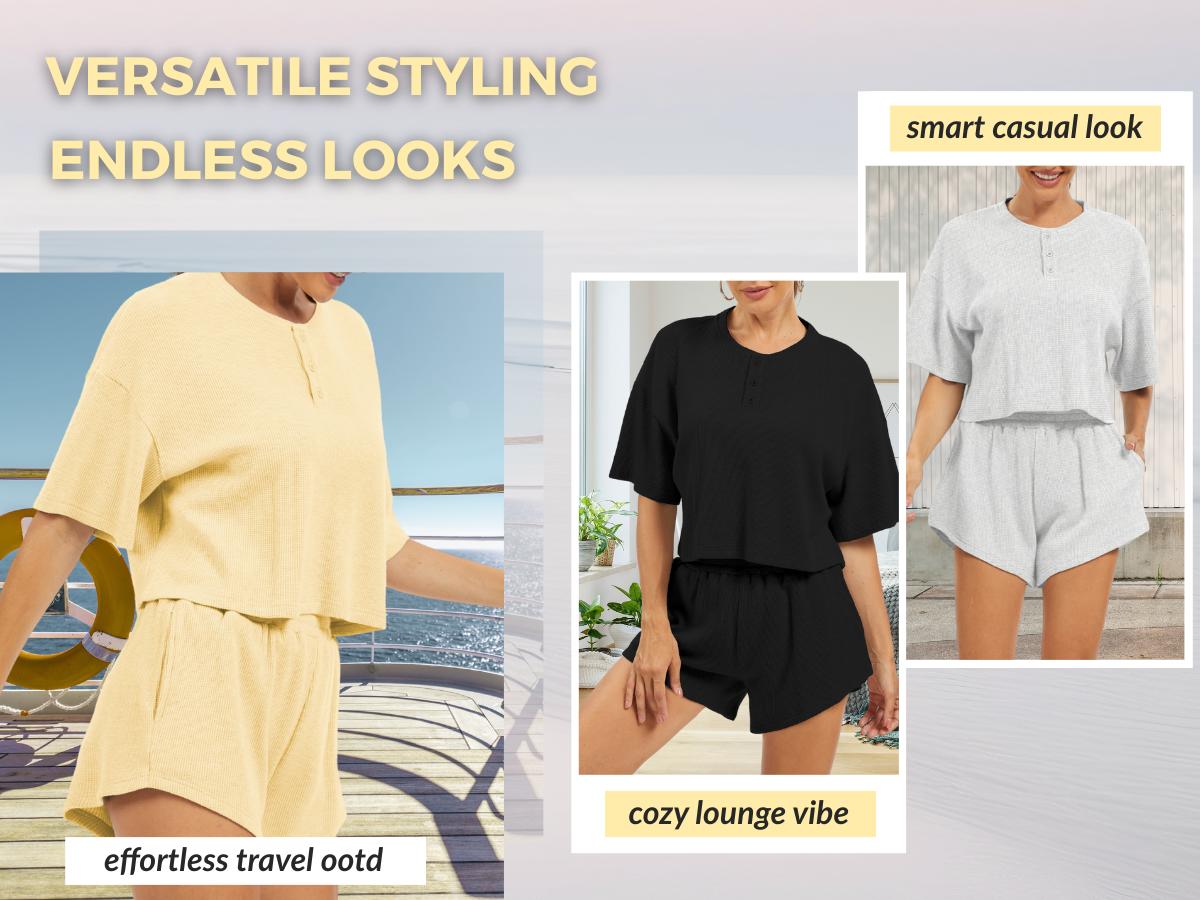 AnotherChill Women's Cropped Waffle Knit Lounge Set – Short Sleeve Henley Top and High Waisted Shorts 2 Piece Casual Outfit