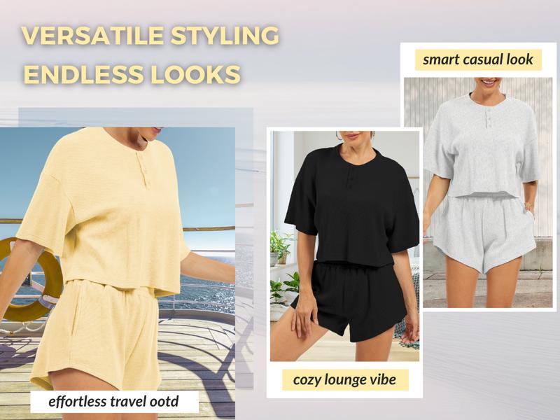 AnotherChill Women's Cropped Waffle Knit Lounge Set – Short Sleeve Henley Top and High Waisted Shorts 2 Piece Casual Outfit AnotherChill Women's Cropped Waffle Knit Lounge Set – Short Sleeve Henley Top and High Waisted Shorts 2 Piece Casual Outfit