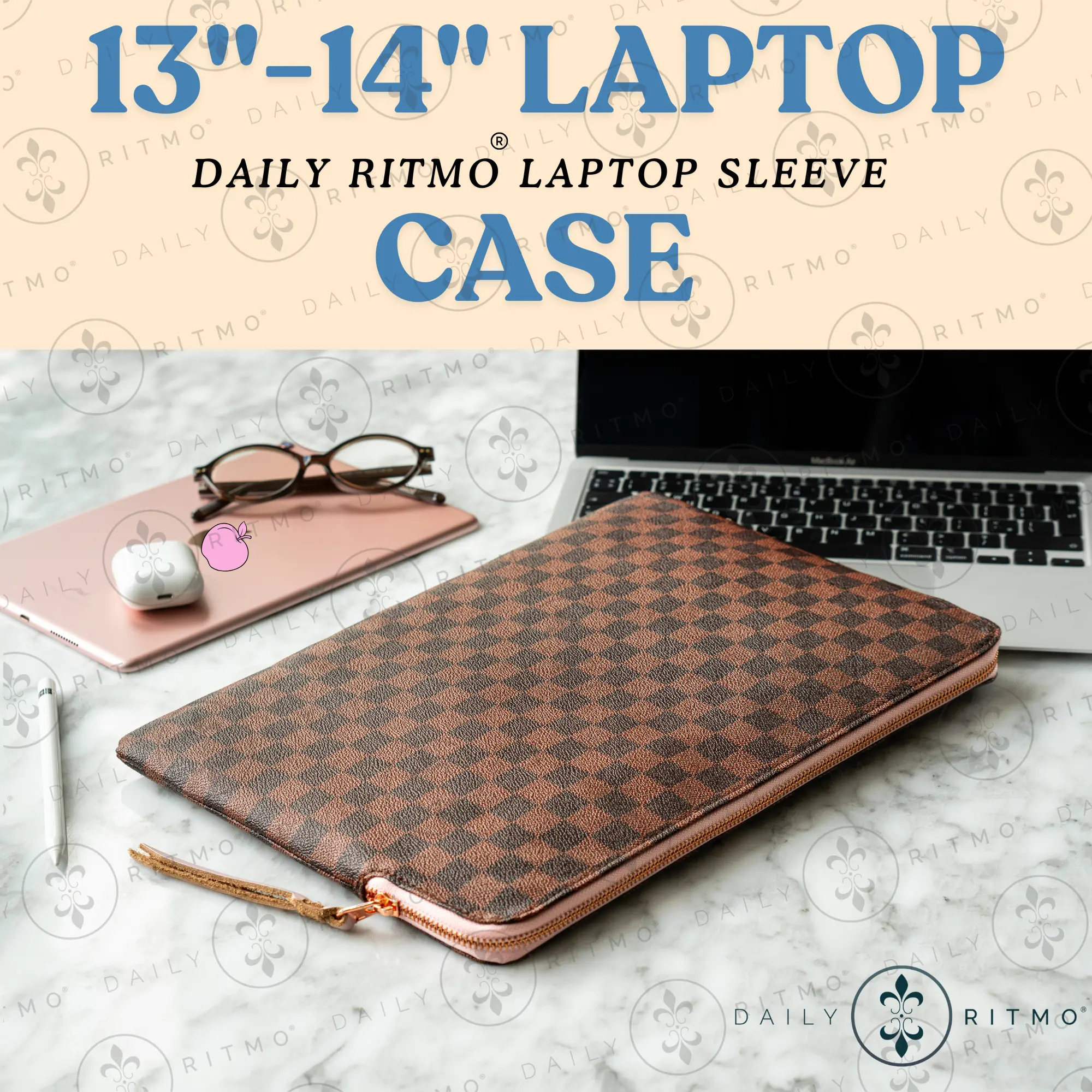 DAILY RITMO PU Leather Laptop Sleeve, Casual Everyday Look, Fits 13-14" Laptops (13.5"x9.5"), Checkered Design, Rose Gold Zipper, Pink Lining, Scratch Guard Protection, 13-14 Inch