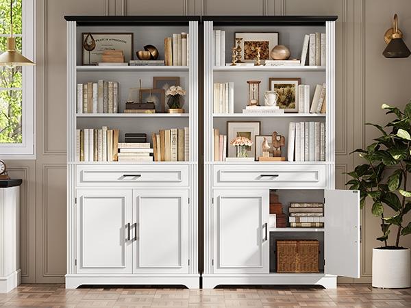 SEDETA Farmhouse Bookshelves and Bookcases with Doors and Drawer, Bookshelf with Storage, Floor Standing 6 Shelf Display Storage Shelves 70 in Tall Bookshelf for Home Office, Living Room