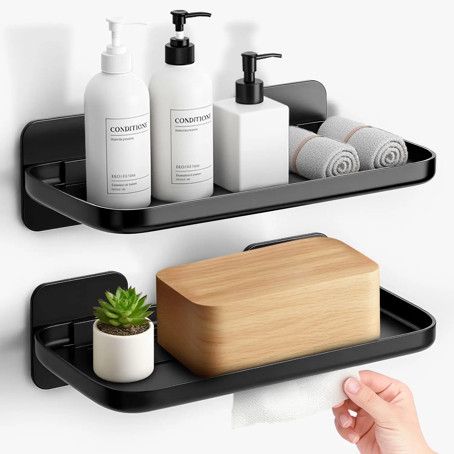 Small Floating Shelves Wall Mounted Set of 2, Plastic Hanging Wall Shelves Display for Bedroom, Gaming Room, Living Room, Bathroom, Office