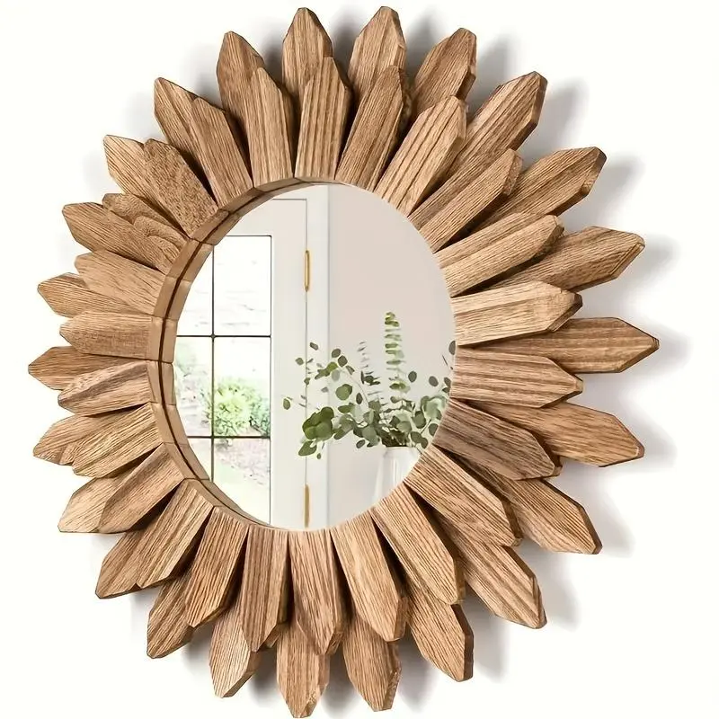 Wooden Sunflower Design Wall Mirror, 1 Count Boho Style Wall Mounted Mirror, Wall Decor for Home Living Room Bedroom Entryway