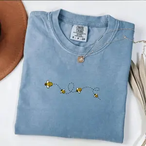 Comfort Colors Embroidered Bee Line Shirt Cute Minimalist Bumble Bee Graphic Tee Blue Jean Vintage Nature Aesthetic Unisex Shirt