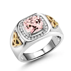 Gem Stone King 2.26 Ct Peach Nano Morganite Lab Grown Diamond 925 Silver and 10K Yellow Gold Men's Ring
