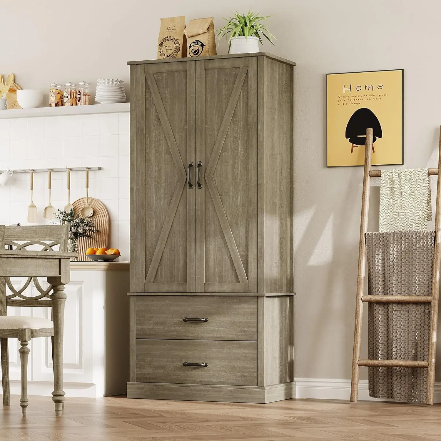 Farmhouse Grey 2-Drawer Wooden Farmhouse Kitchen Cabinet - Tall Freestanding Cupboard with Barn Doors, Adjustable Shelving for Kitchen Storage, Farmhouse Kitchen Cabinets