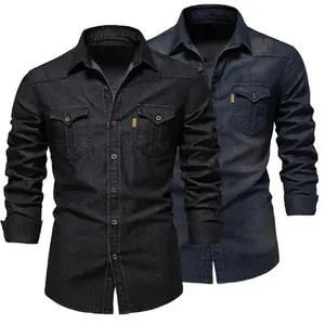 Men's long sleeved slim fit denim western denim shirt beige or black breathable cotton retro workwear autumn casual top