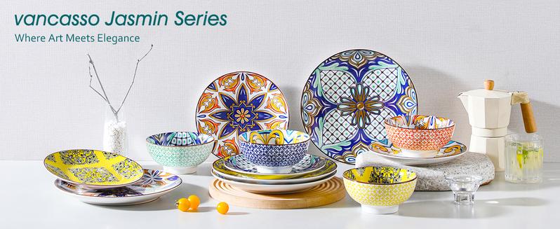 vancasso Jasmin 16-Piece Hand-Painted Arabic Style Dinnerware Set | Colorful Porcelain Plates, Bowls, and Mugs for 4 Tableware