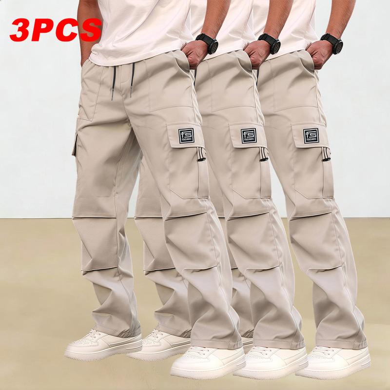 Men's multi-pocket work pants, 3-pack, suitable for all seasons and machine washable; mid-rise with drawstring closure; non-stretch polyester fabric; casual wear with pockets; versatile cargo pants