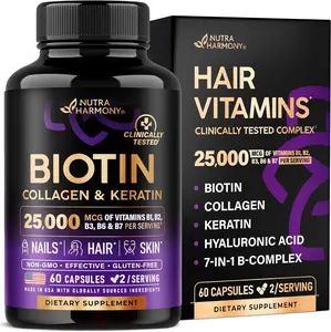 Essential NUTRAHARMONY Biotin | Collagen | Hyaluronic Acid | Keratin - Support Normal Hair Growth Cycle - Skin & Nails - 25000mcg Vitamins B1, B2, B3, B6 & B7 - for Women & Men - Made in USA | 60 Capsules