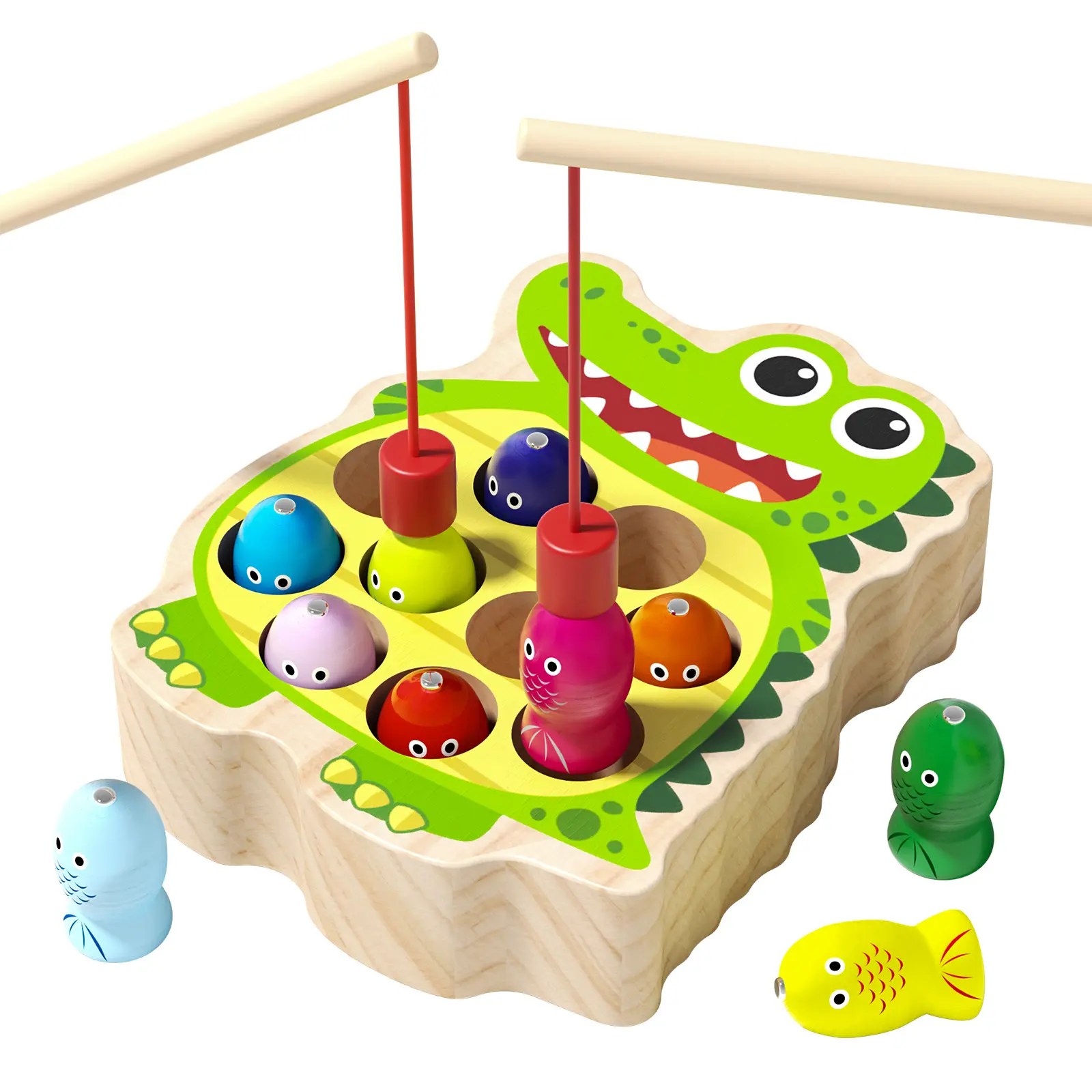 Magnetic Wooden Fishing Toy, Montessori Fine Motor Skills Learning Toy for Toddlers 2 3 4 Years Old, Educational Indoor Activity Game for Kids Boys Girls, Fun Catch The Crocodile Toy with Safe Material