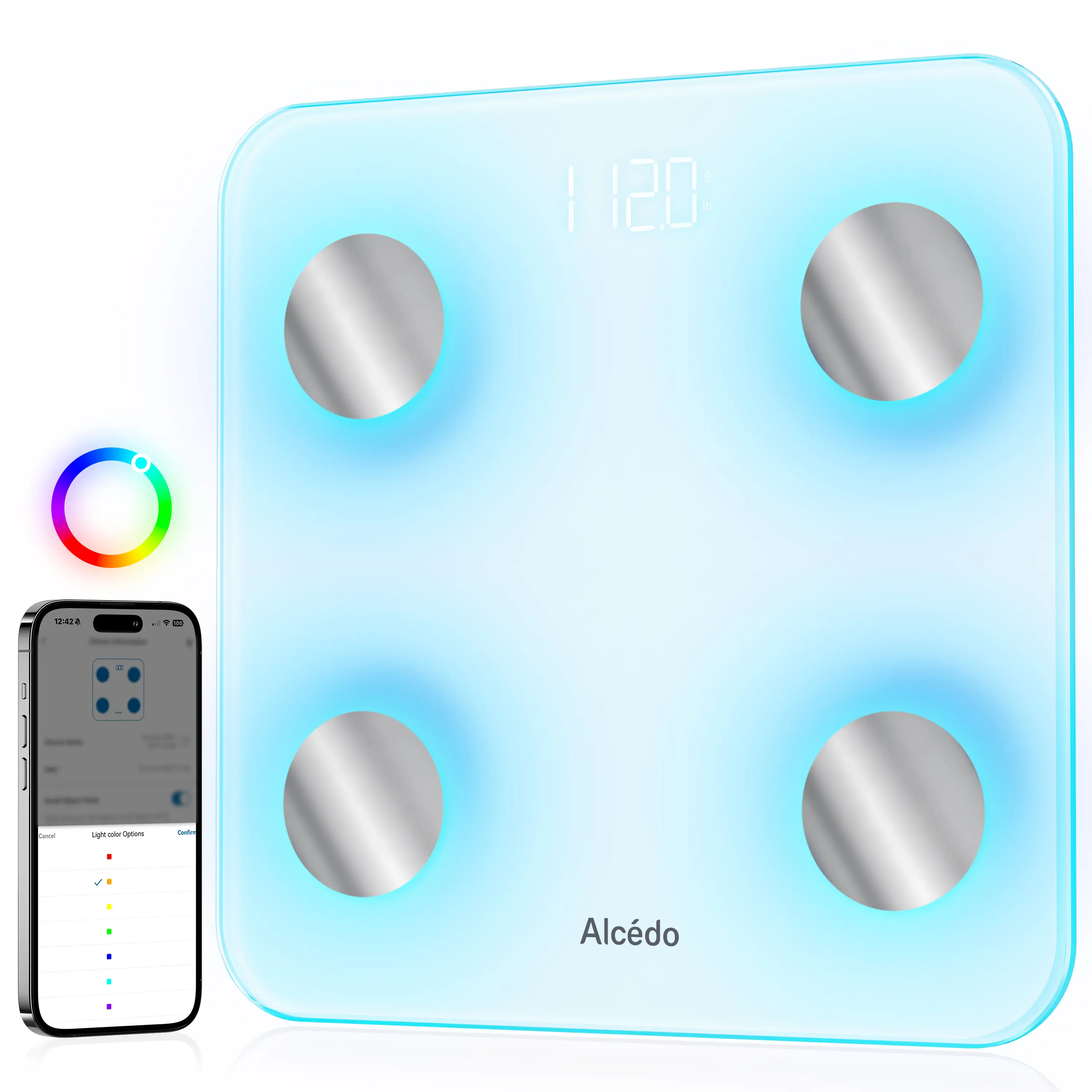 Alcedo Smart Scale for Body Weight, HSA/FSA Eligible, 7-Color Glowing Bluetooth Digital Bathroom Scale for BMI and Body Fat, Body Composition Monitor with Smartphone App