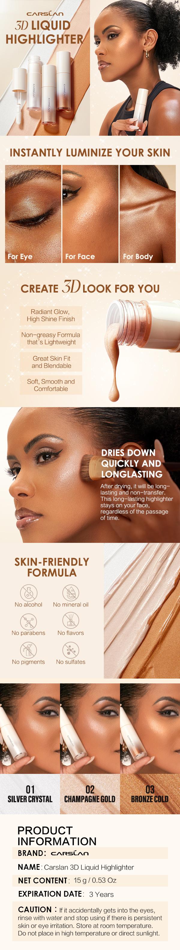 CARSLAN 3D Liquid Highlighter Makeup, Shimmer, Shiny Glow Face Makeup, Smooth Lightweigh Face Illuminator, Builable, Blendable Cream Highlighter