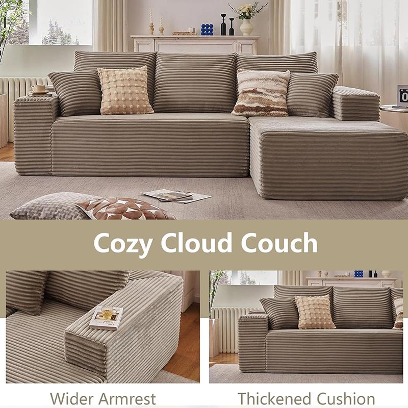 【2 Packages Shipping】105.7" L-Shaped Boneless Sectional Cloud Couch Corduroy Velvet Modular with Chaise No Assembly Required Sofa Living room furniture，Modular Corduroy Cloud Sofa