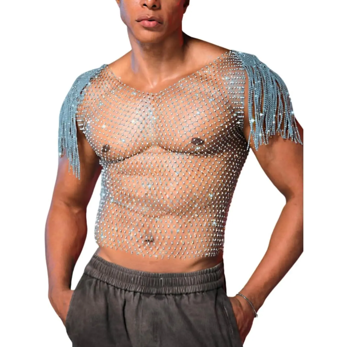 EHSUYAB Men's Polyester Stretch Fringe Cap-Sleeve Sparkly Rhinestone Mesh Vest, See-Through Fishnet Clubwear, Concert Rave Costume Outfit