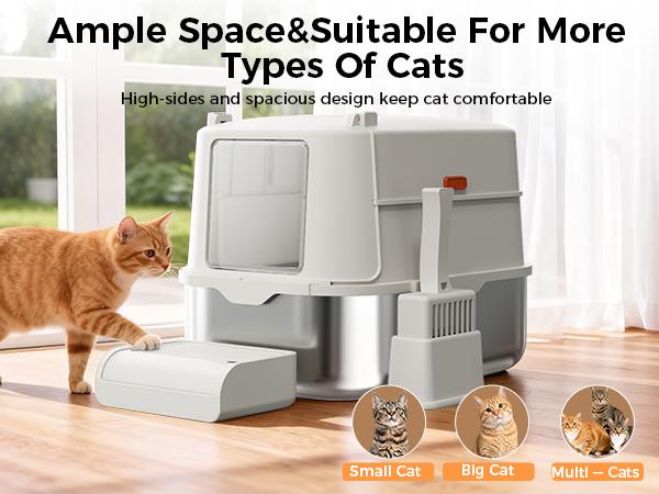 【For Big Cats】Extra Large Stainless Steel Cat Litter Box with Lid XL Enclosed Metal Litter Box for Large Cats, Features High Sidewalls, Removable Cover, Leak-proof, Non-stick, Easy to Clean, Beige Color