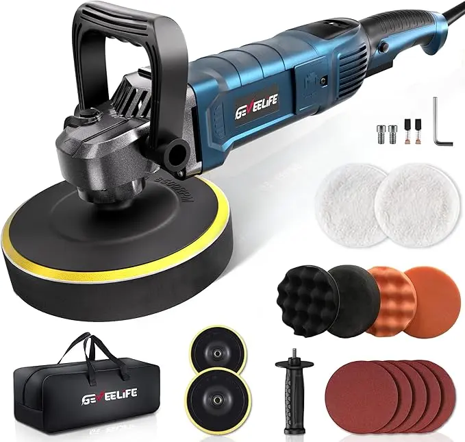 GEVEELIFE Heavy Duty Portable Orbital Car Buffer Polisher Tool Kit - 1600W 6/7-in, 7-Speed (1000-3500 RPM), 4.5lb, Constant Power, Detachable Grip, for Car Floors Sanding/Polishing/Waxing, Black Father’s Day Gift
