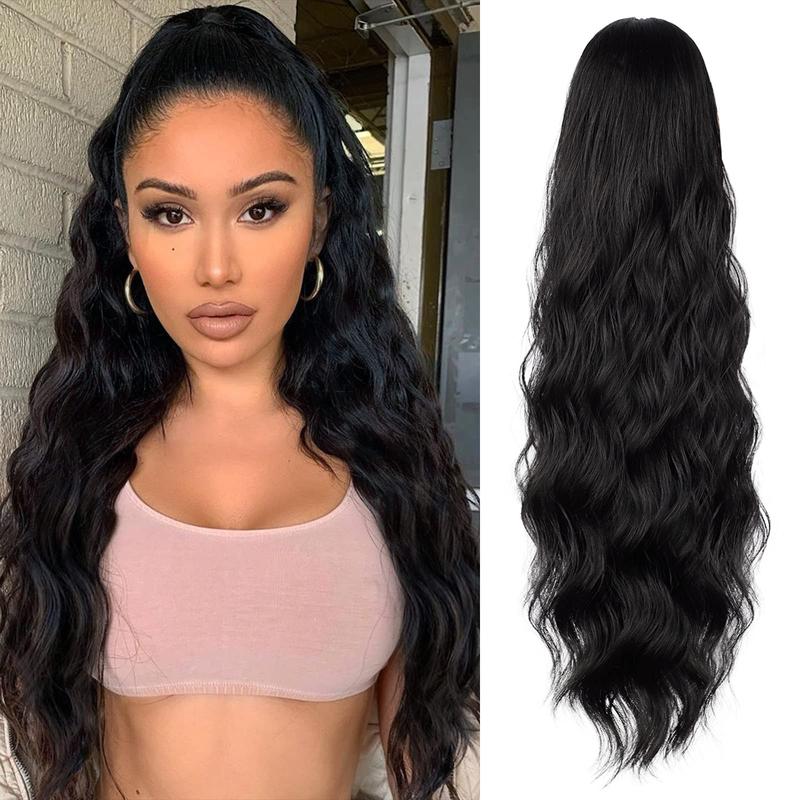 【Flash Sale】 Ponytail Extension 26 Inch Long Wavy Drawstring for Women in Dark Brown with Fluffy Hairpiece for Daily Use Synthetic Hair