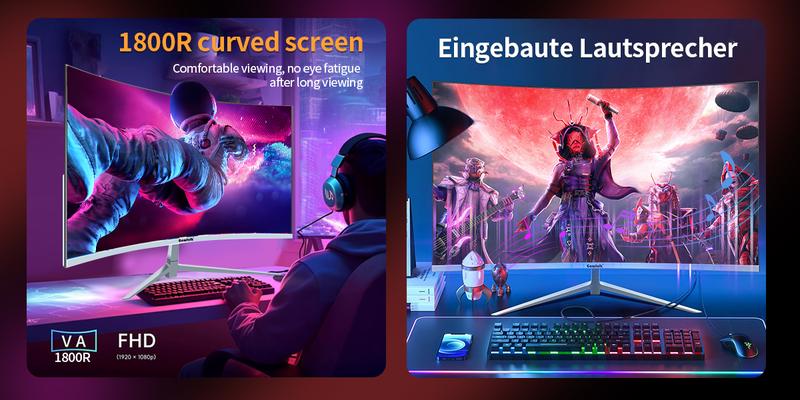 Gawfolk 27-inch Curved Gaming Monitor 100Hz, PC Screen Full HD 1080P, Frameless 1800R Computer Screen With FreeSync And Eye Care Technology, Supports VESA