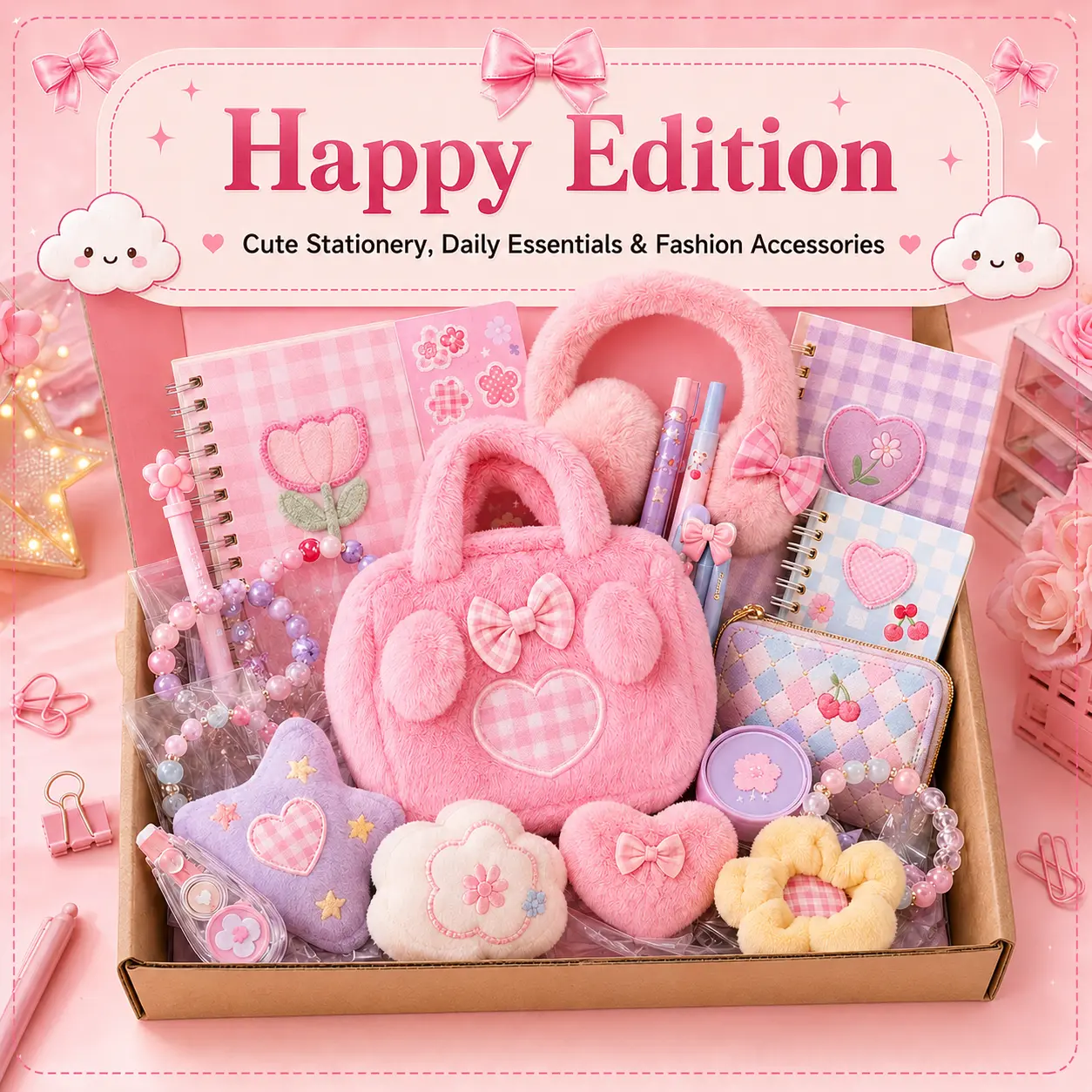 15-Piece Cute Stationery and Accessories Gift Set with Tote Bag, Pencil Case, Notebook, Pen and Keychains