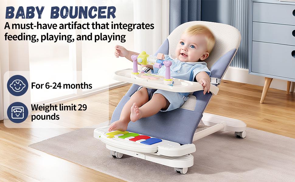 Baby Bouncer 4-in-1 with Wheels, Detachable Piano, Feeding Tray, Play Bar, Thick Base. 3-Level Incline Portable Seat for Infant to Toddler 0-6, 0-12, 12-24 Months, Upto 29Lbs