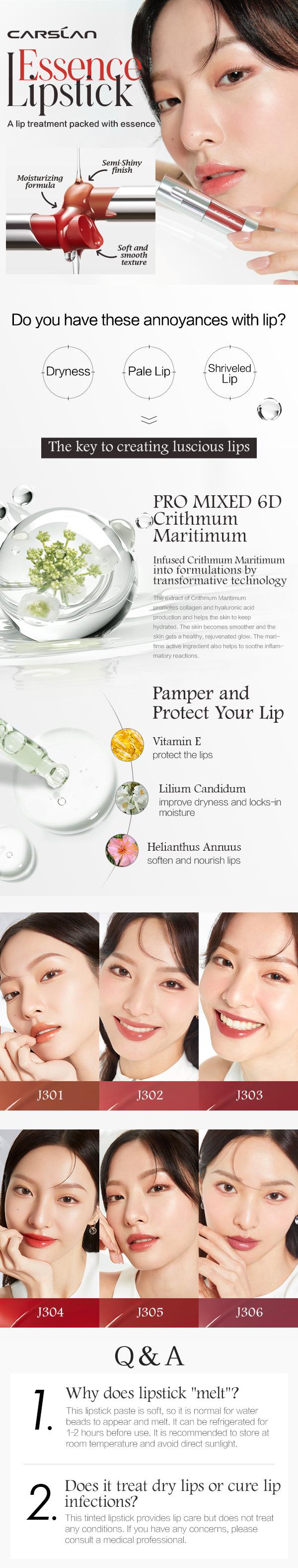 CARSLAN Essence Lipstick, Moisturizing Plumping Glossy Shiny Lip Color, Non Sticky Lip Balm with Vitamin E, Lightweight Hydrating Soften Lip Makeup