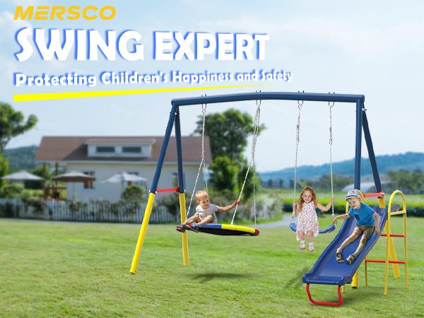 Mersco Unisex 3-in-1 Heavy-Duty Metal Playground Equipment Swing Set for Kids- A-Frame Stand, Slide, Saucer Swing Set - Outdoor Kids Play Gear, Toys, Outdoor Kids Stuff