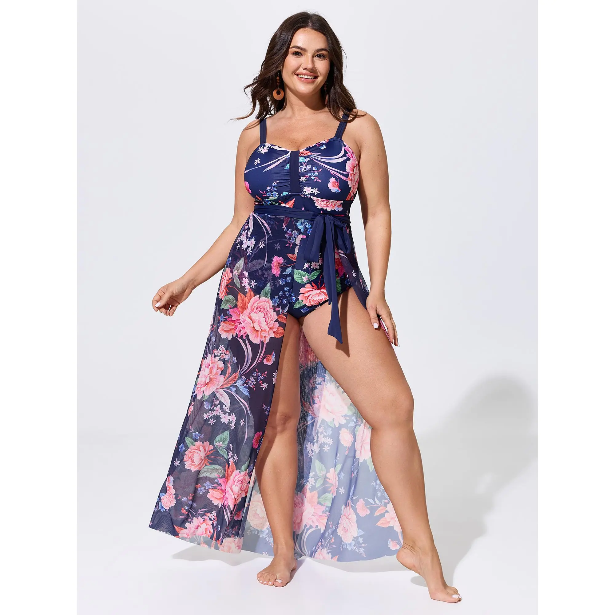 BLOOMCHIC Plus Size Side-Tie Sarong Set Floral Printed One-Piece Swim [M-6X] ,Summerfinds
