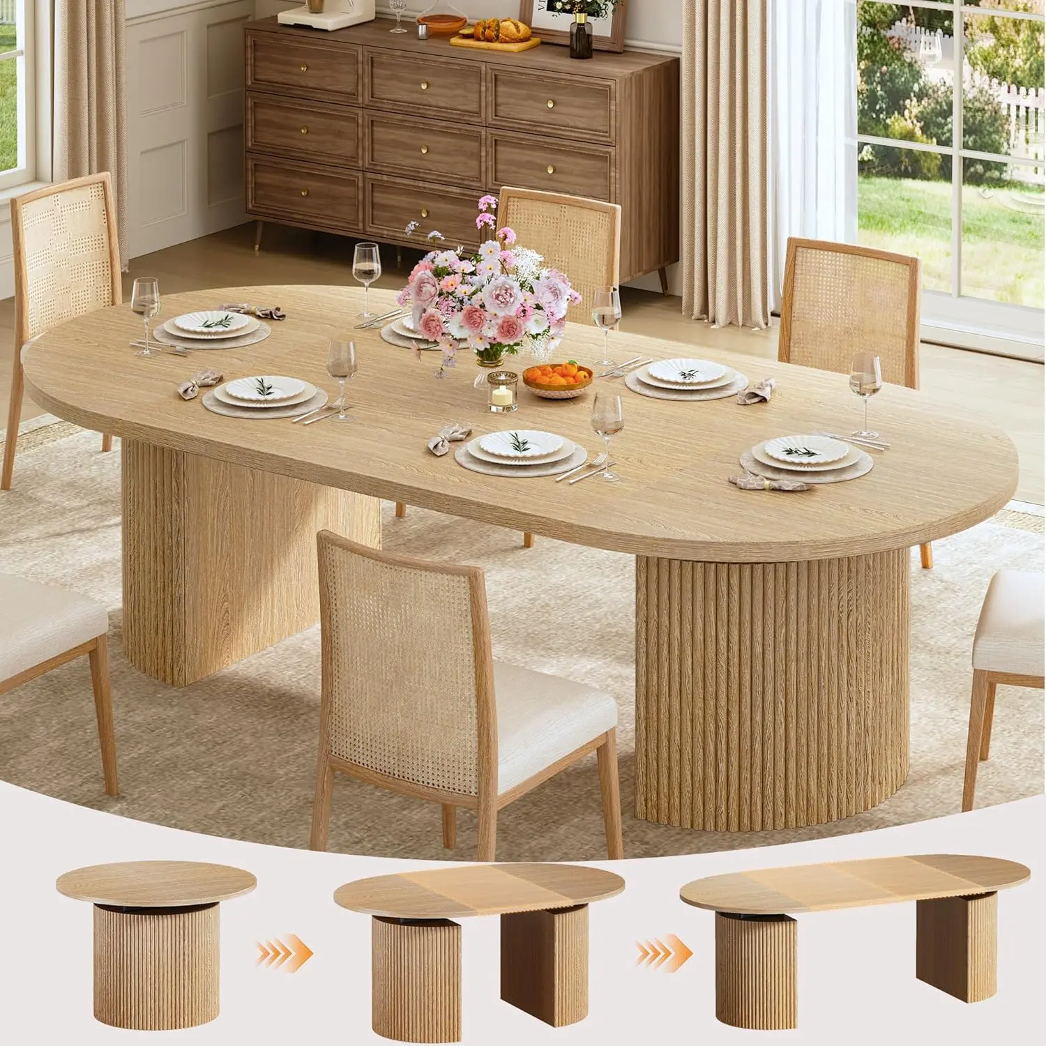 Extendable Round Dining Table for 4-8, 39in-77in Long Large Kitchen Table with Fluted Base, Space Saving Modern Farmhouse Oval Dinner Tables for Dining Room, Kitchen, Living Room, Natural