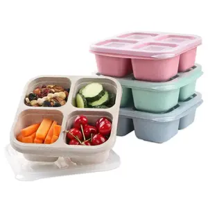 Eco-Friendly 4 Pcs Bento Box Lunch Box 4-Compartment Meal Prep Container for Reusable Food Storage Box Stackable for Work Travel Modern Square Design Eco-Friendly Plastic Food Storage Container Multi-Layer
